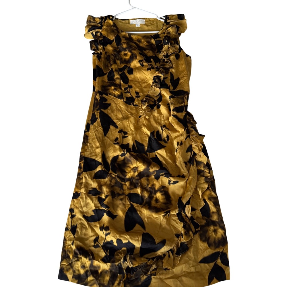 Benson‎ 100% Silk Ruffle Dress Size 10 Gold Black Floral Sleeveless Shift!